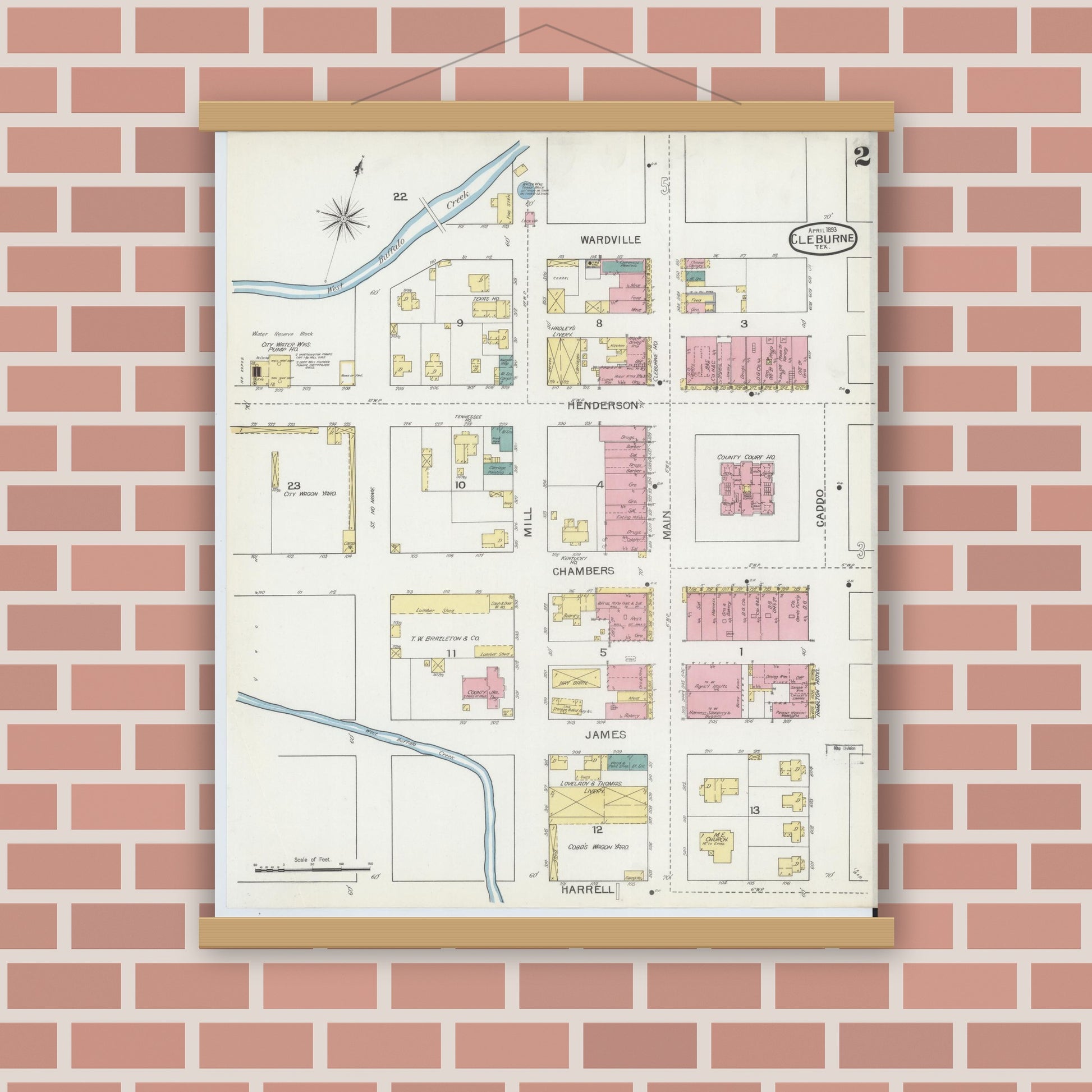 Old map wall art mockup — magnetic wood frame on brick wall — Sanborn Fire Insurance Map from Cleburne, Johnson County, Texas (1893), Sheet #0002