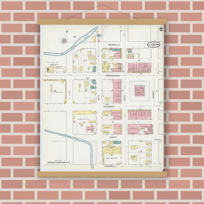 Old map wall art mockup — magnetic wood frame on brick wall — Sanborn Fire Insurance Map from Cleburne, Johnson County, Texas (1893), Sheet #0002