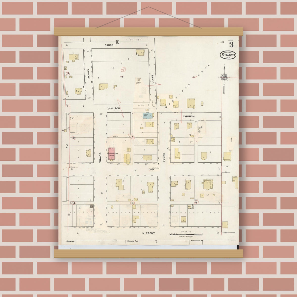 Old map wall art mockup — magnetic wood frame on brick wall — Sanborn Fire Insurance Map from Strawn, Palo Pinto County, Texas (1944), Sheet #0003