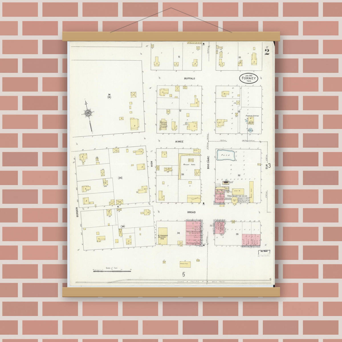 Old map wall art mockup — magnetic wood frame on brick wall — Sanborn Fire Insurance Map from Forney, Kaufman County, Texas (1912), Sheet #0002