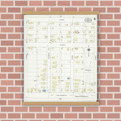 Old map wall art mockup — magnetic wood frame on brick wall — Sanborn Fire Insurance Map from Ludington, Mason County, Michigan (1910), Sheet #0006