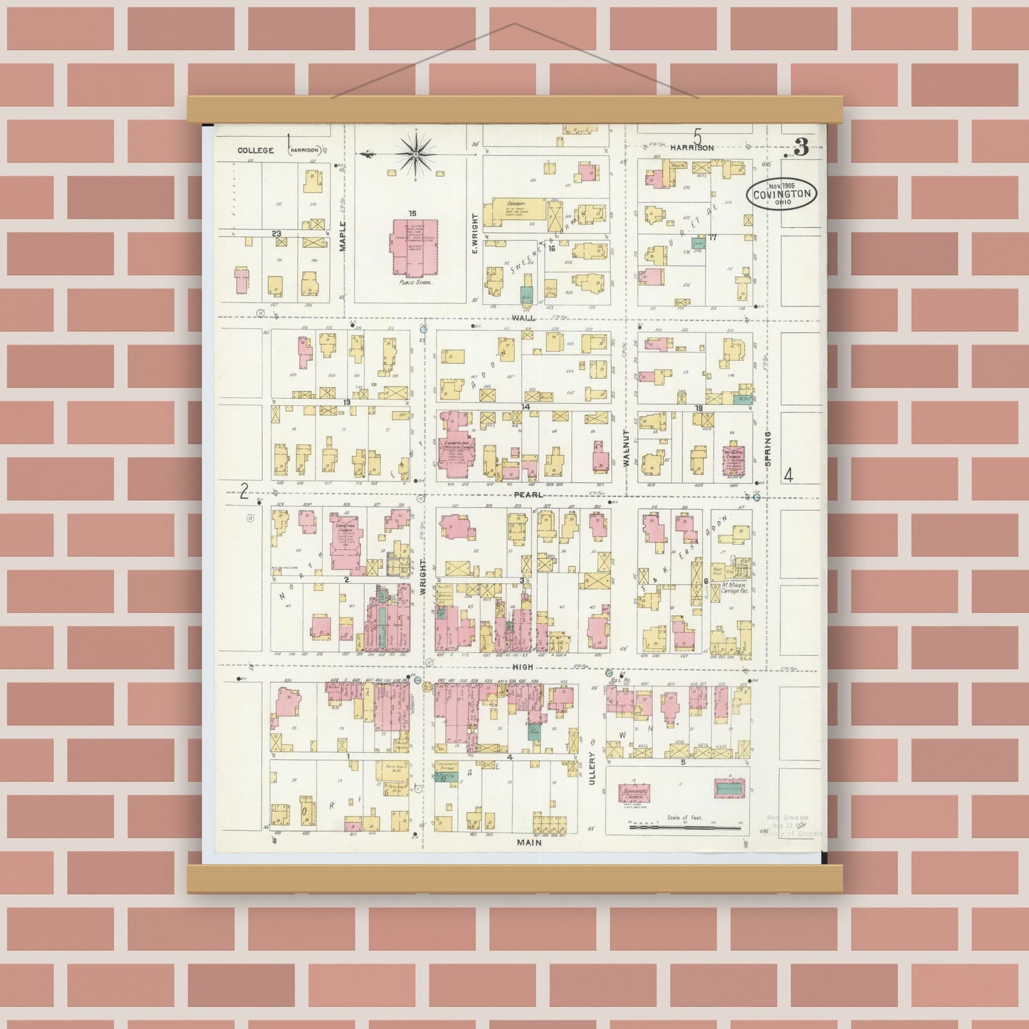 Old map wall art mockup — magnetic wood frame on brick wall — Sanborn Fire Insurance Map from Covington, Miami County, Ohio (1905), Sheet #0003