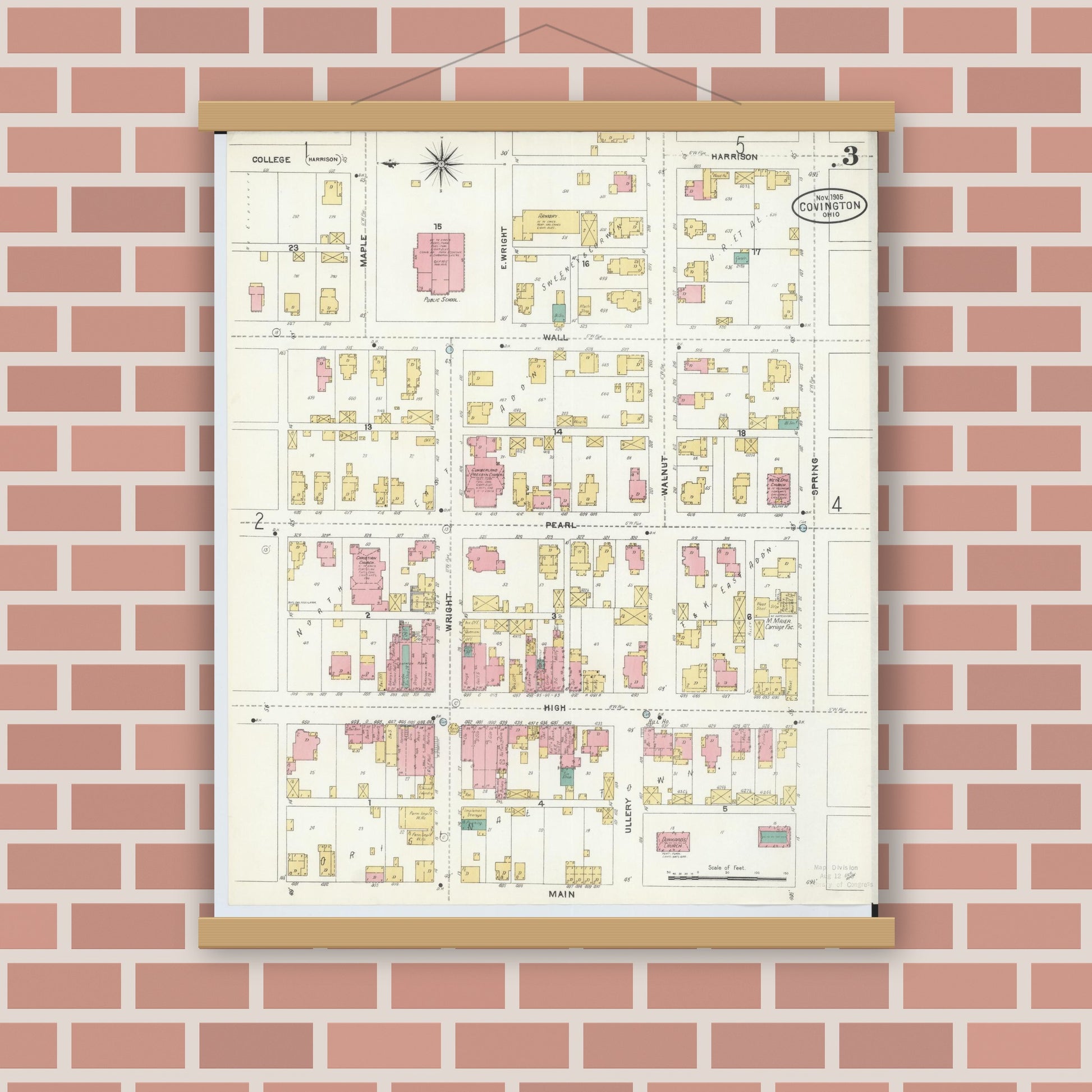 Old map wall art mockup — magnetic wood frame on brick wall — Sanborn Fire Insurance Map from Covington, Miami County, Ohio (1905), Sheet #0003