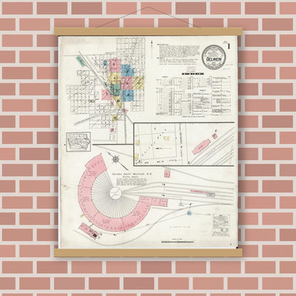 Old map wall art mockup — magnetic wood frame on brick wall — Sanborn Fire Insurance Map from Oelwein, Fayette County, Iowa (1914) â€” Complete Set