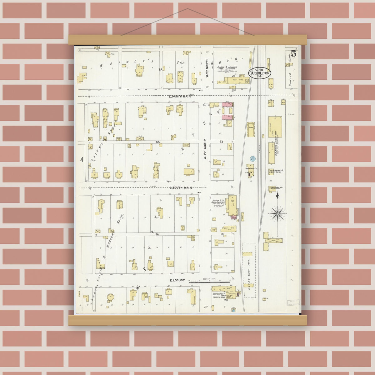 Old map wall art mockup — magnetic wood frame on brick wall — Sanborn Fire Insurance Map from Carrollton, Greene County, Illinois (1906), Sheet #0005