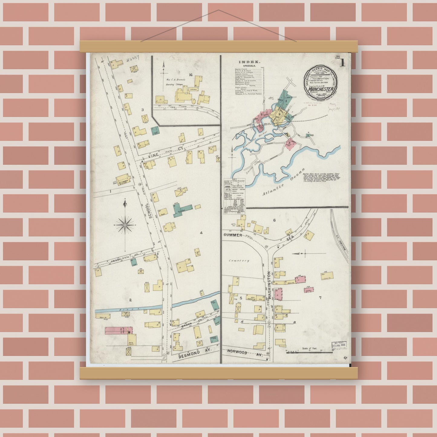 Old map wall art mockup — magnetic wood frame on brick wall — Sanborn Fire Insurance Map from Manchester, Essex County, Massachusetts (1894) - Complete Map Set