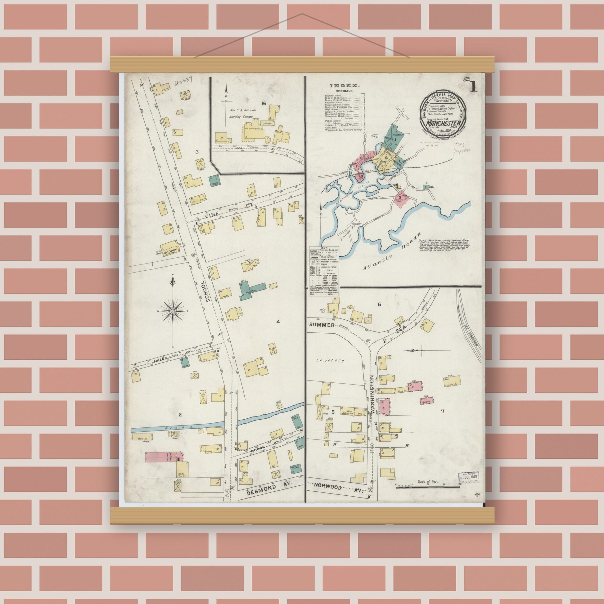 Old map wall art mockup — magnetic wood frame on brick wall — Sanborn Fire Insurance Map from Manchester, Essex County, Massachusetts (1894) - Complete Map Set
