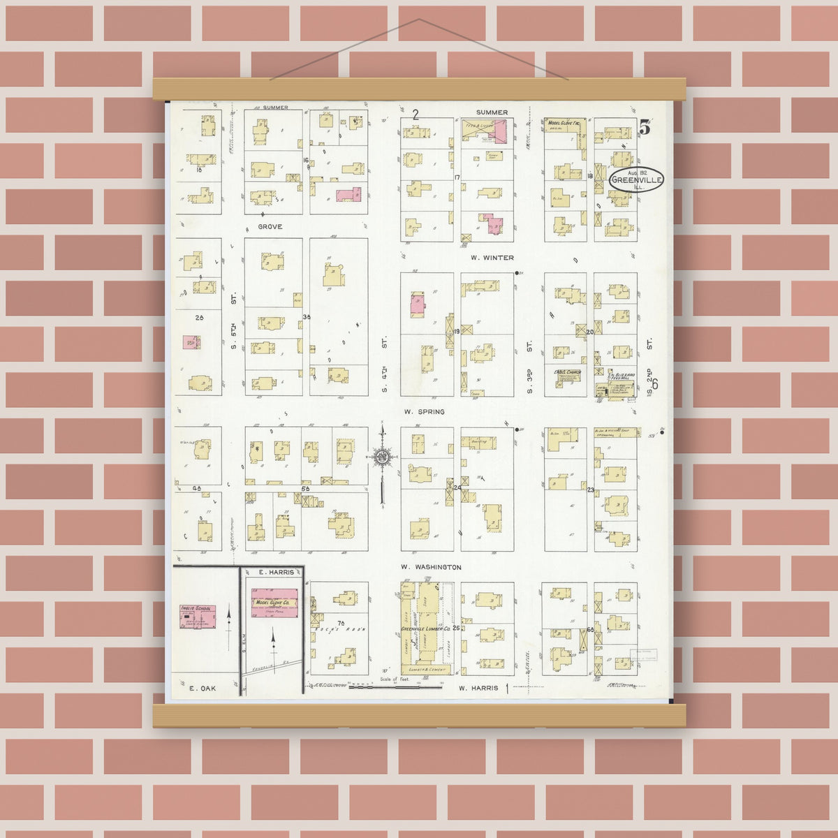 Old map wall art mockup — magnetic wood frame on brick wall — Sanborn Fire Insurance Map from Greenville, Bond County, Illinois (1912), Sheet #0005