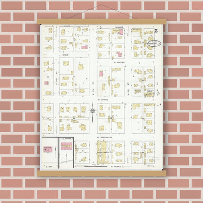 Old map wall art mockup — magnetic wood frame on brick wall — Sanborn Fire Insurance Map from Greenville, Bond County, Illinois (1912), Sheet #0005