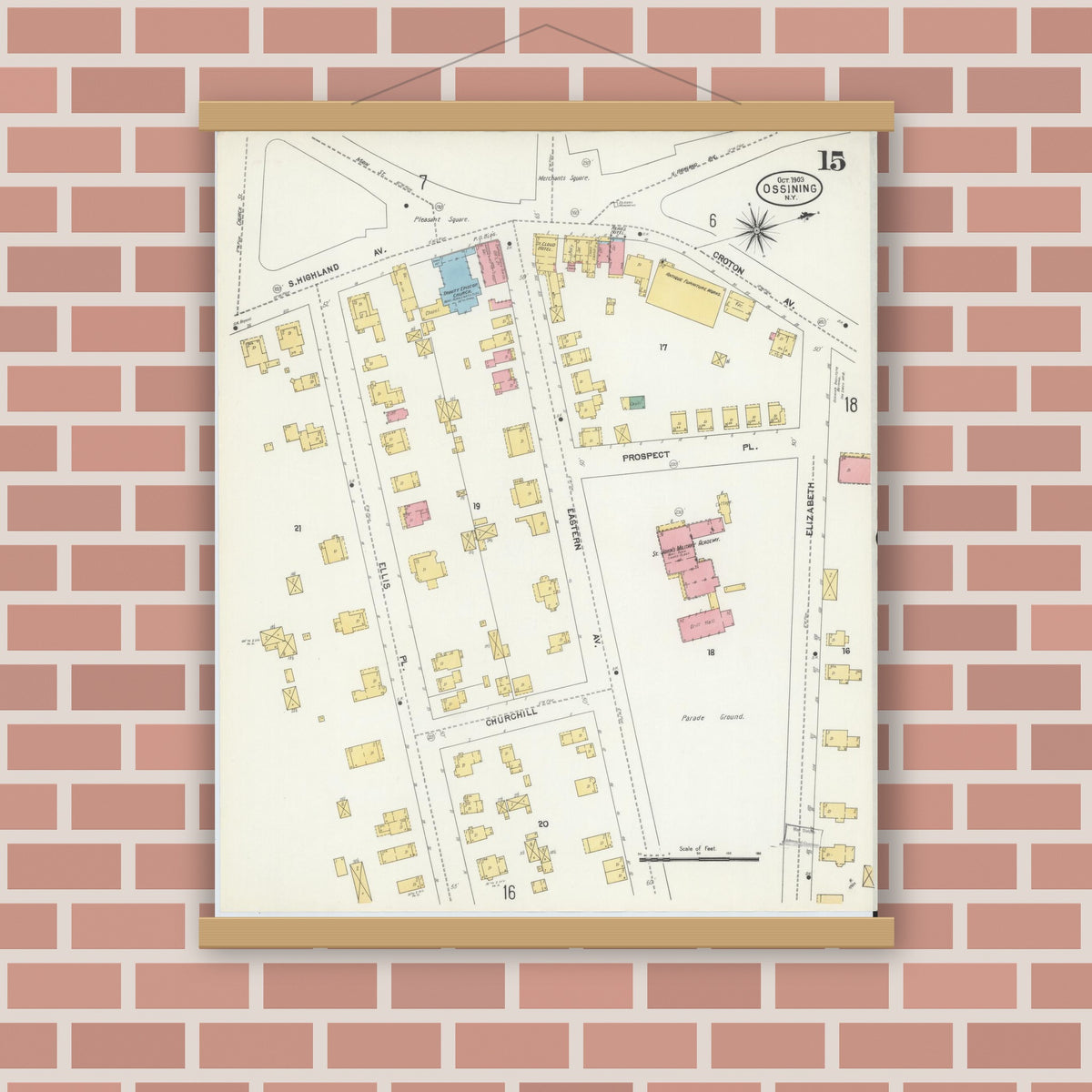 Old map wall art mockup — magnetic wood frame on brick wall — Sanborn Fire Insurance Map from Ossining, Westchester County, New York (1903), Sheet #0015