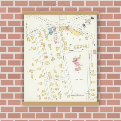 Old map wall art mockup — magnetic wood frame on brick wall — Sanborn Fire Insurance Map from Ossining, Westchester County, New York (1903), Sheet #0015