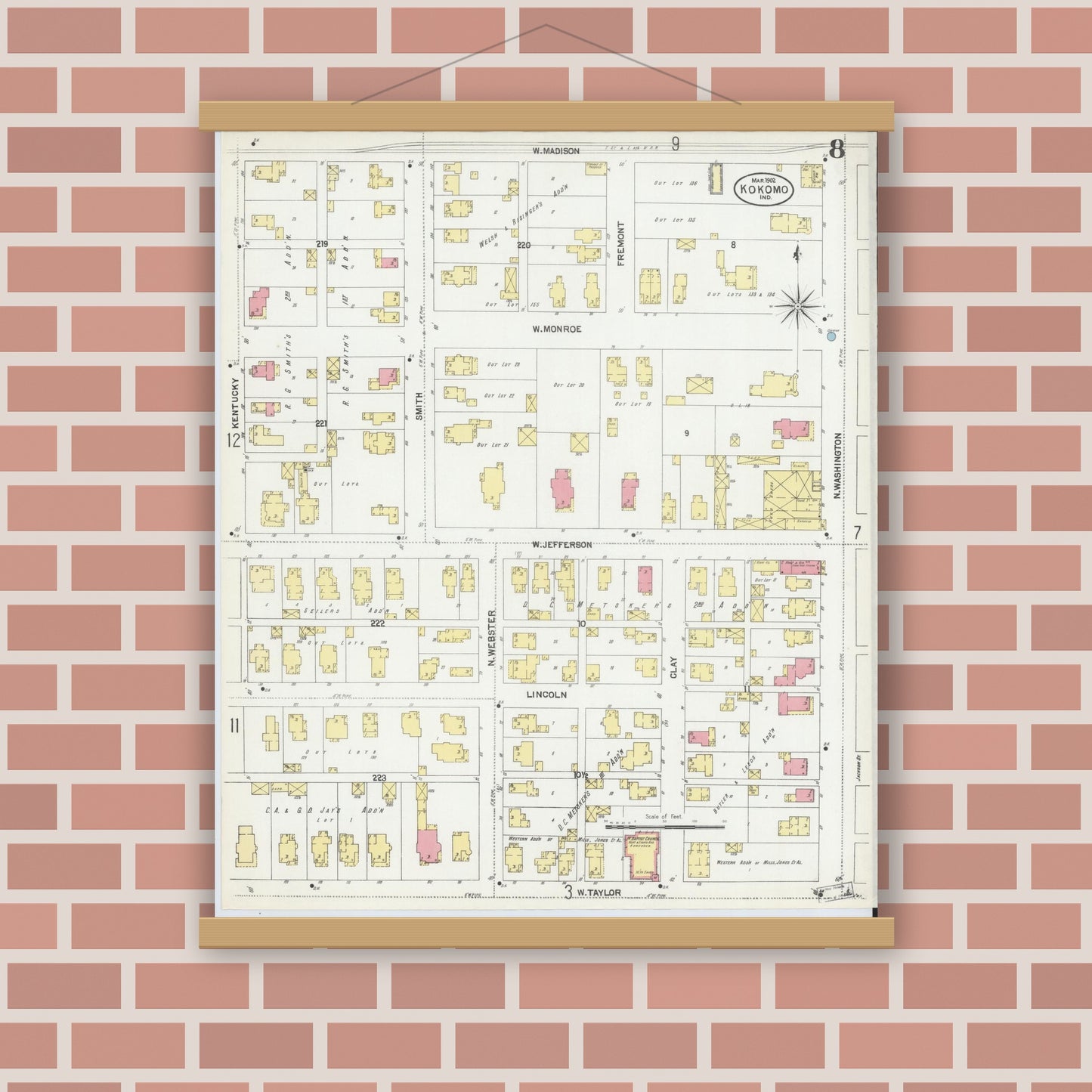 Old map wall art mockup — magnetic wood frame on brick wall — Sanborn Fire Insurance Map from Kokomo, Howard County, Indiana (1902), Sheet #0008