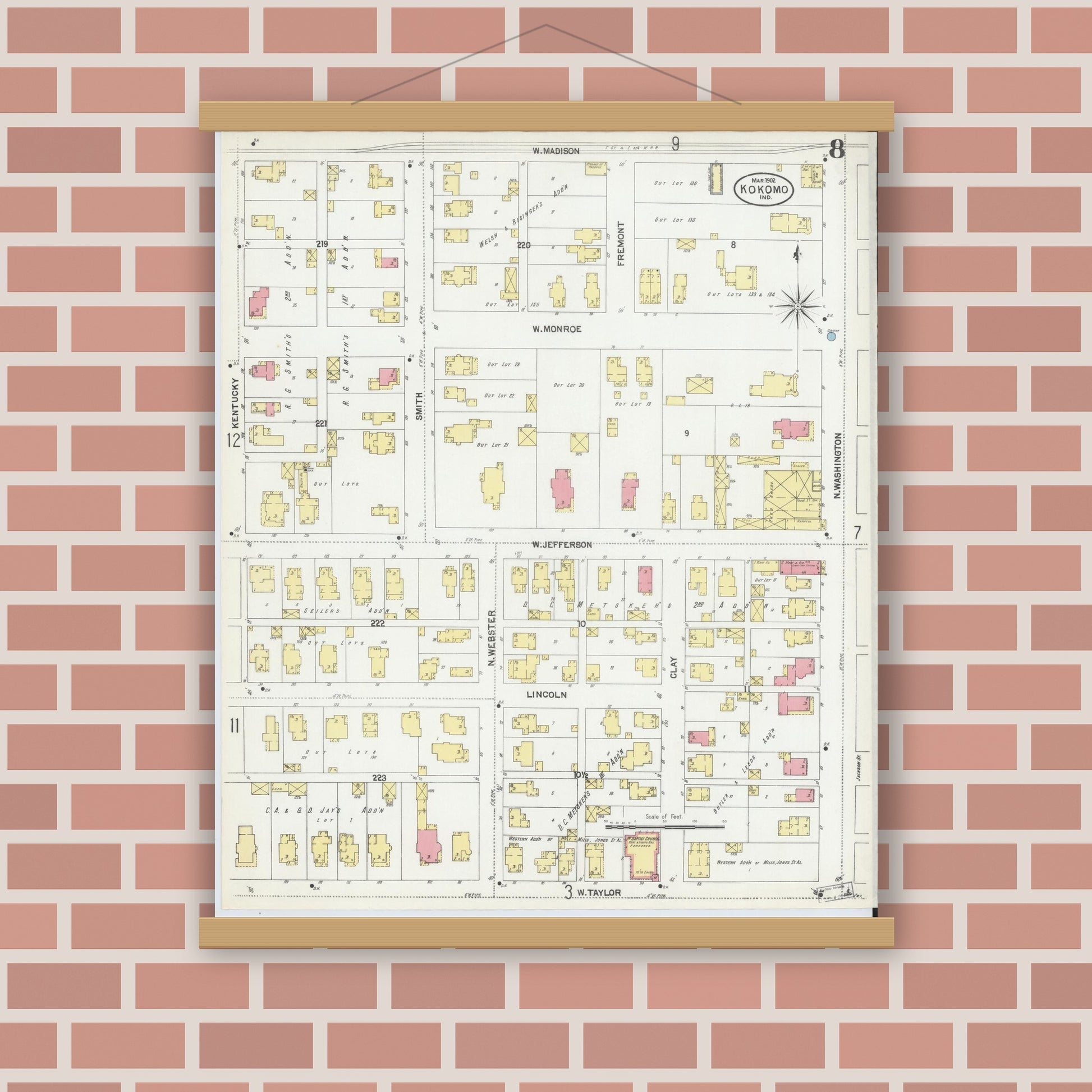 Old map wall art mockup — magnetic wood frame on brick wall — Sanborn Fire Insurance Map from Kokomo, Howard County, Indiana (1902), Sheet #0008