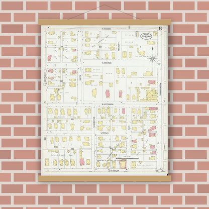 Old map wall art mockup — magnetic wood frame on brick wall — Sanborn Fire Insurance Map from Kokomo, Howard County, Indiana (1902), Sheet #0008