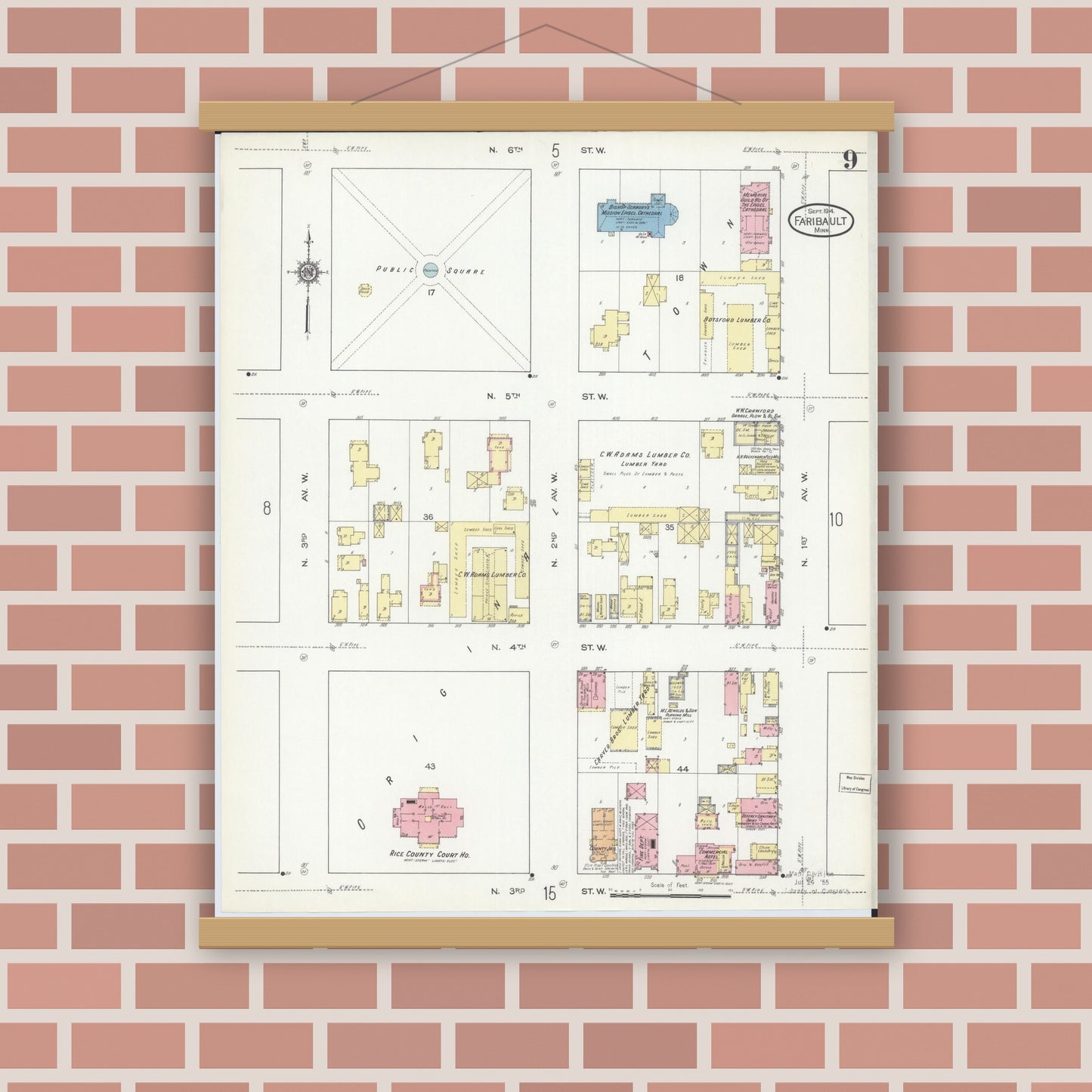 Old map wall art mockup — magnetic wood frame on brick wall — Sanborn Fire Insurance Map from Faribault, Rice County, Minnesota (1914), Sheet #0009