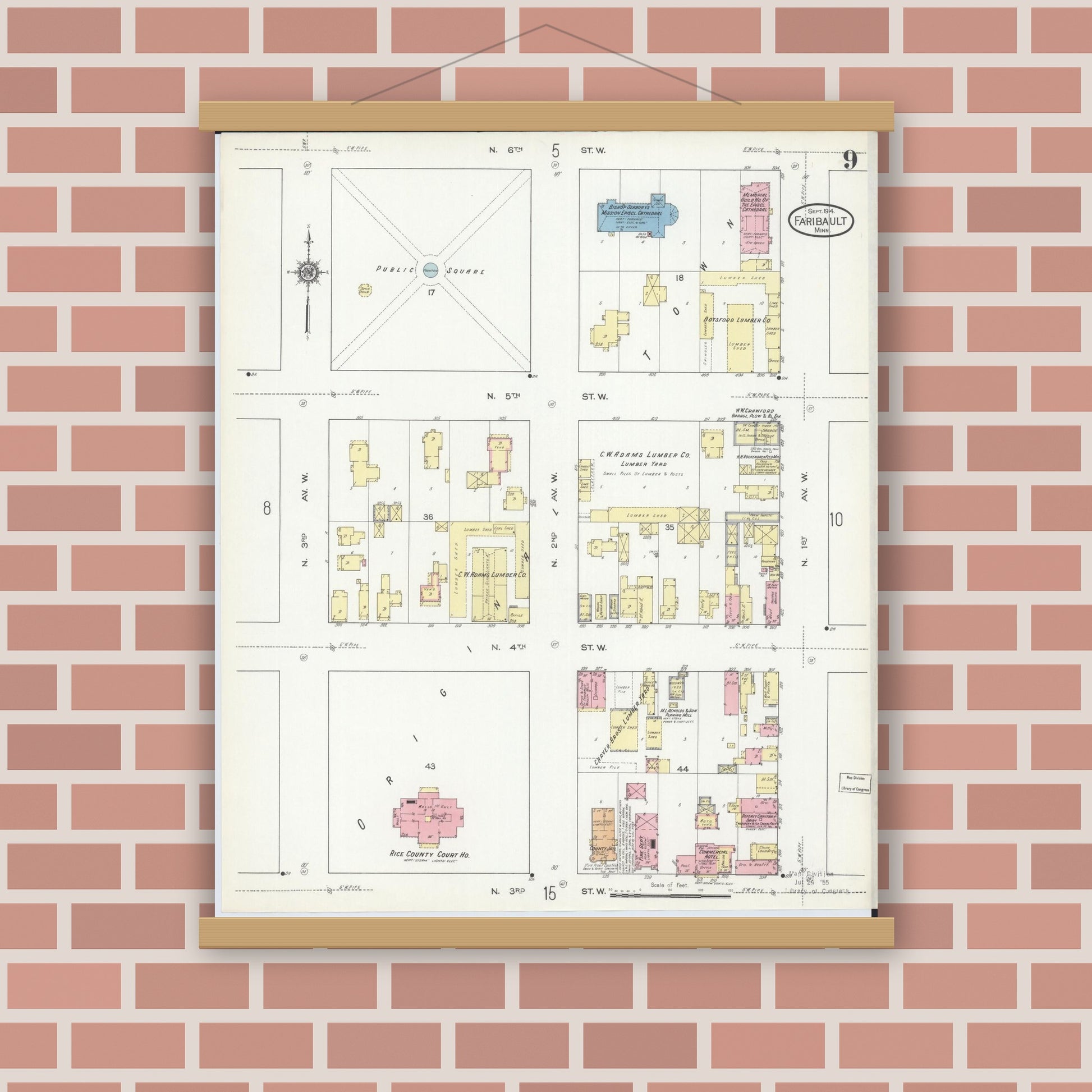 Old map wall art mockup — magnetic wood frame on brick wall — Sanborn Fire Insurance Map from Faribault, Rice County, Minnesota (1914), Sheet #0009
