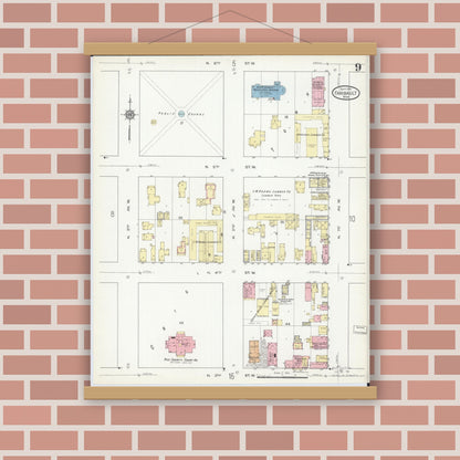 Old map wall art mockup — magnetic wood frame on brick wall — Sanborn Fire Insurance Map from Faribault, Rice County, Minnesota (1914), Sheet #0009
