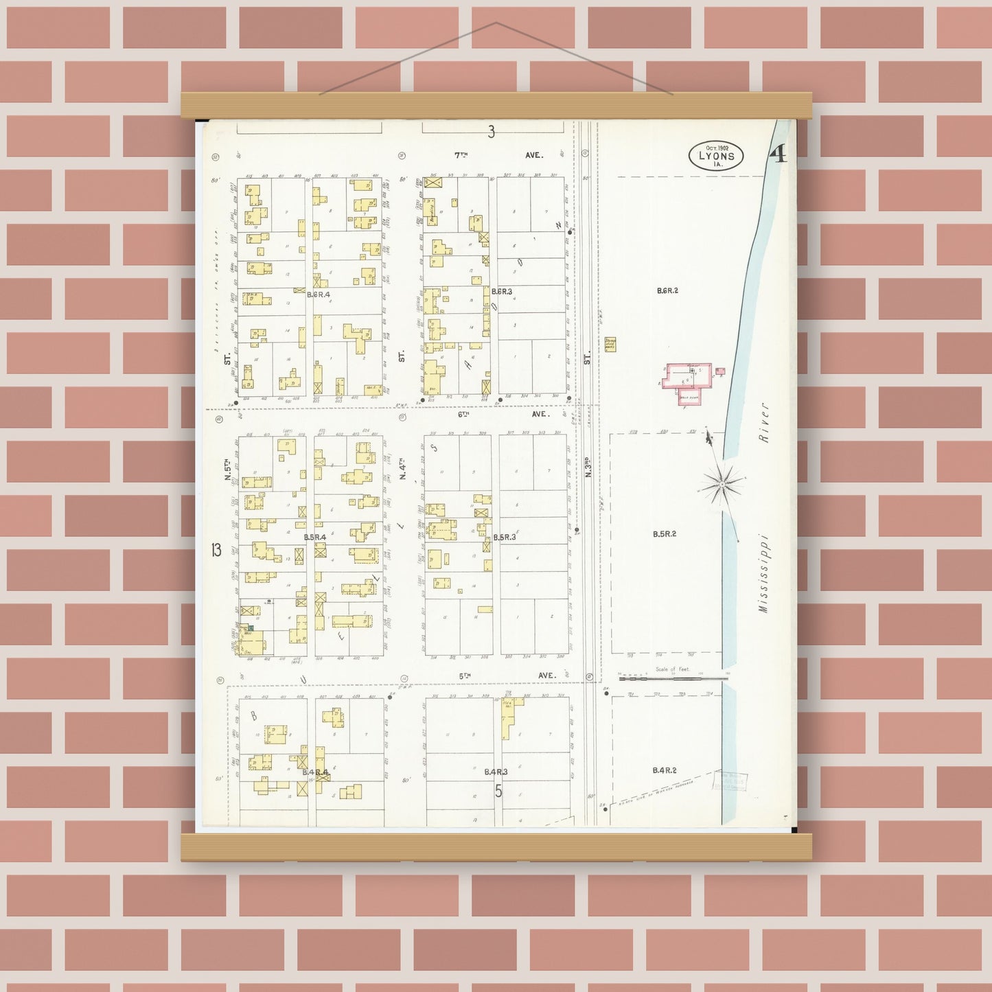 Old map wall art mockup — magnetic wood frame on brick wall — Sanborn Fire Insurance Map from Lyons, Clinton County, Iowa (1902), Sheet #0004