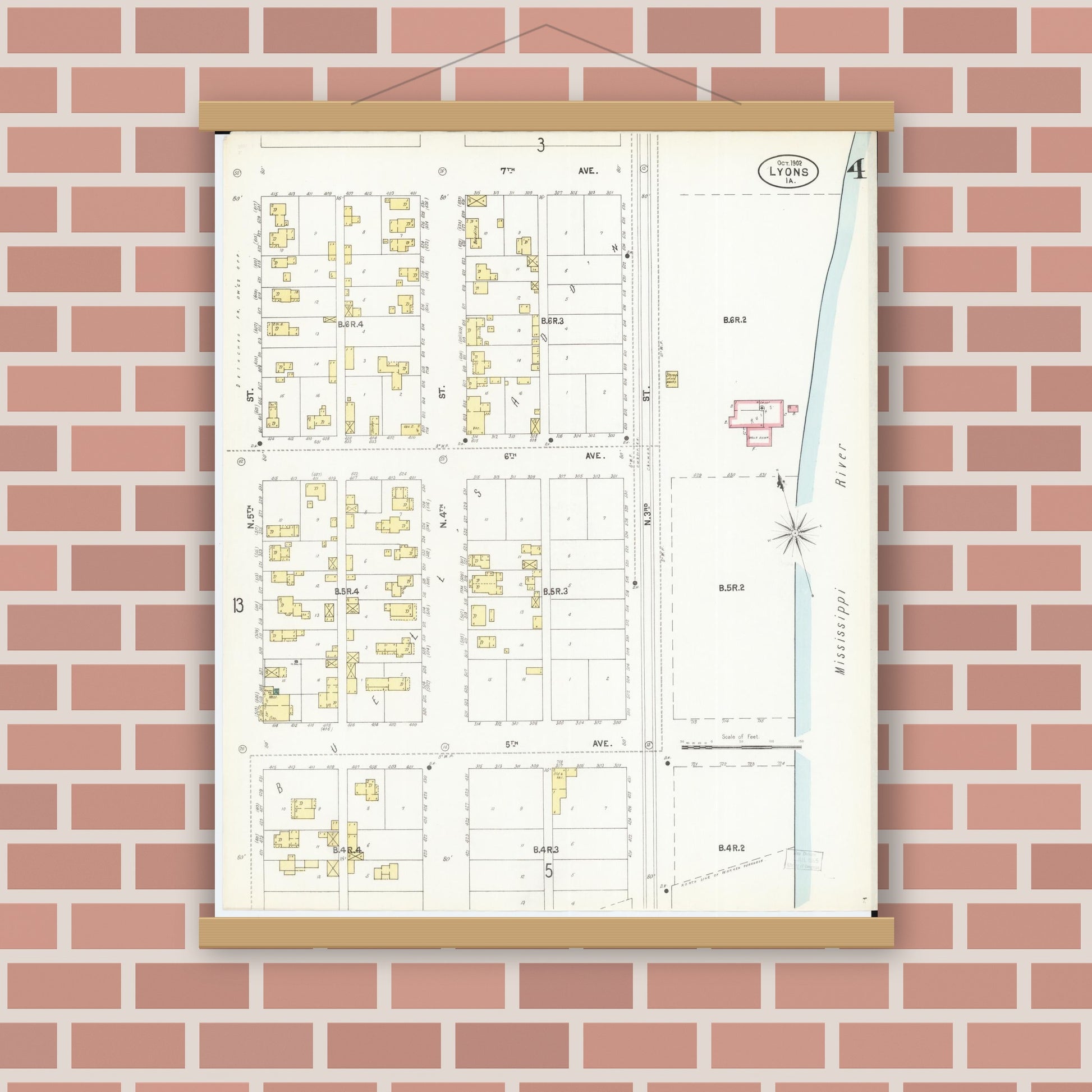 Old map wall art mockup — magnetic wood frame on brick wall — Sanborn Fire Insurance Map from Lyons, Clinton County, Iowa (1902), Sheet #0004