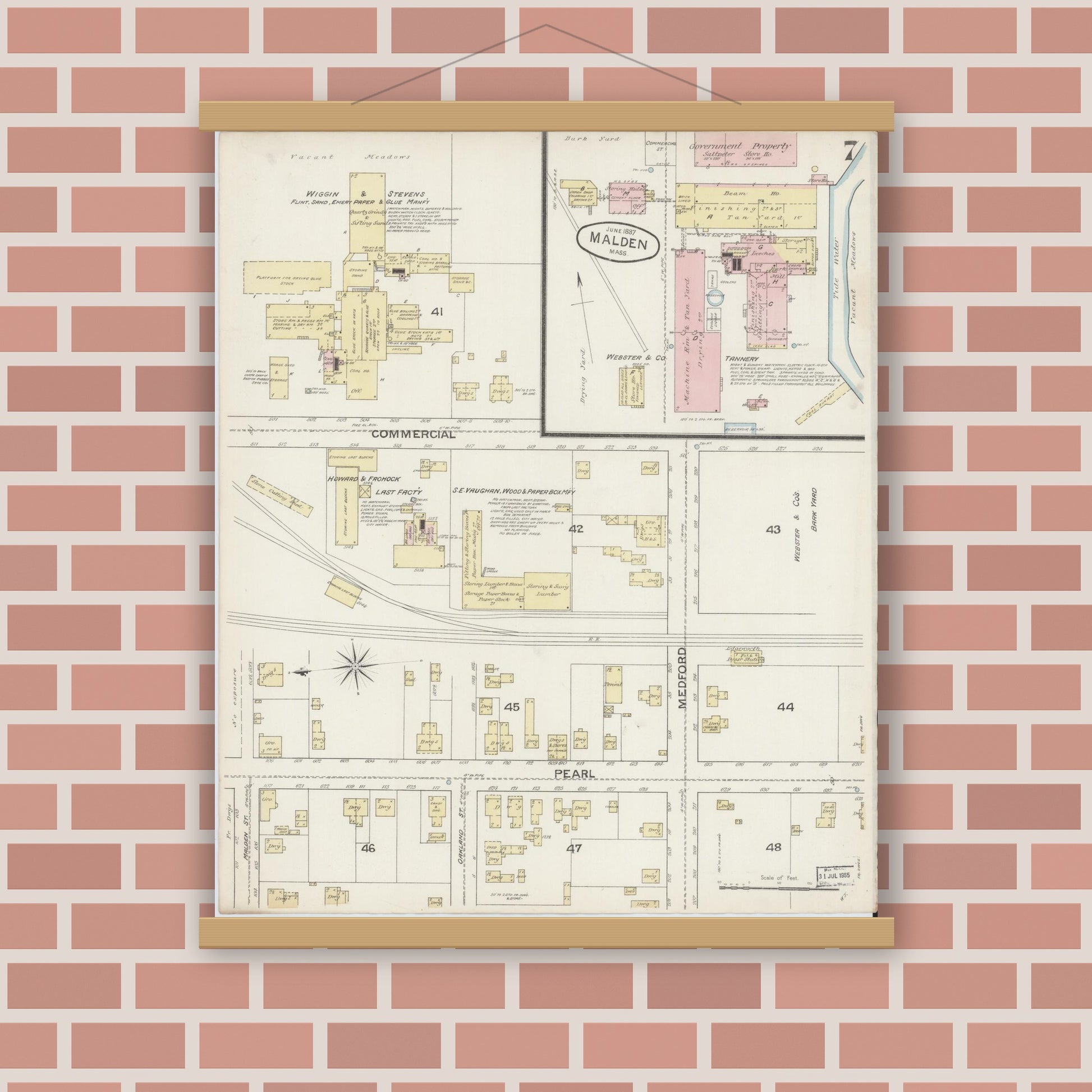 Old map wall art mockup — magnetic wood frame on brick wall — Sanborn Fire Insurance Map from Malden, Middlesex County, Massachusetts (1887), Sheet #0007