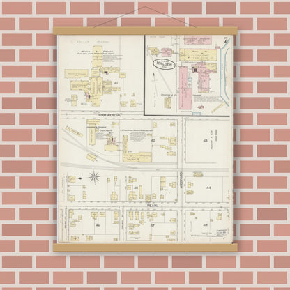 Old map wall art mockup — magnetic wood frame on brick wall — Sanborn Fire Insurance Map from Malden, Middlesex County, Massachusetts (1887), Sheet #0007
