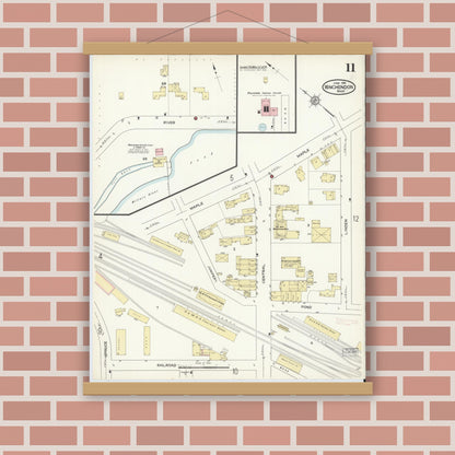 Old map wall art mockup — magnetic wood frame on brick wall — Sanborn Fire Insurance Map from Winchendon, Worcester County, Massachusetts (1914), Sheet #0011