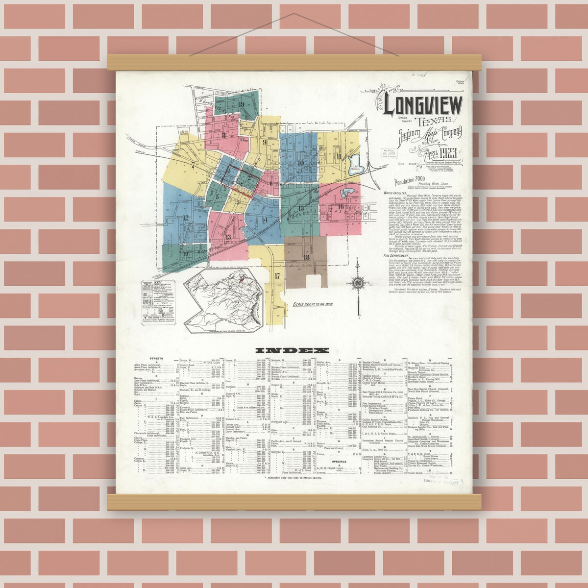 Old map wall art mockup — magnetic wood frame on brick wall — Sanborn Fire Insurance Map from Longview, Gregg County, Texas (1923) - Complete Map Set