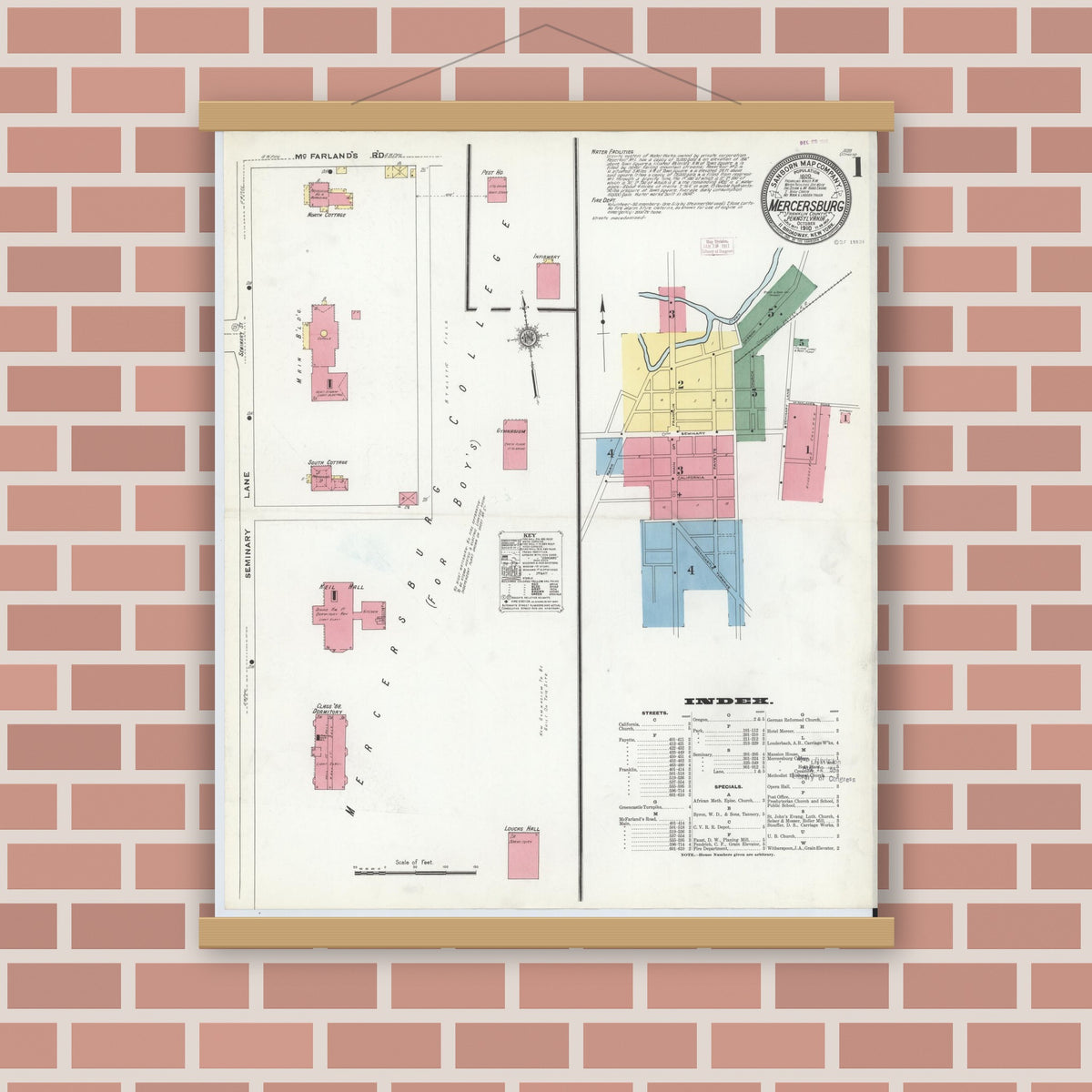 Old map wall art mockup — magnetic wood frame on brick wall — Sanborn Fire Insurance Map from Mercersburg, Franklin County, Pennsylvania (1910) - Complete Map Set