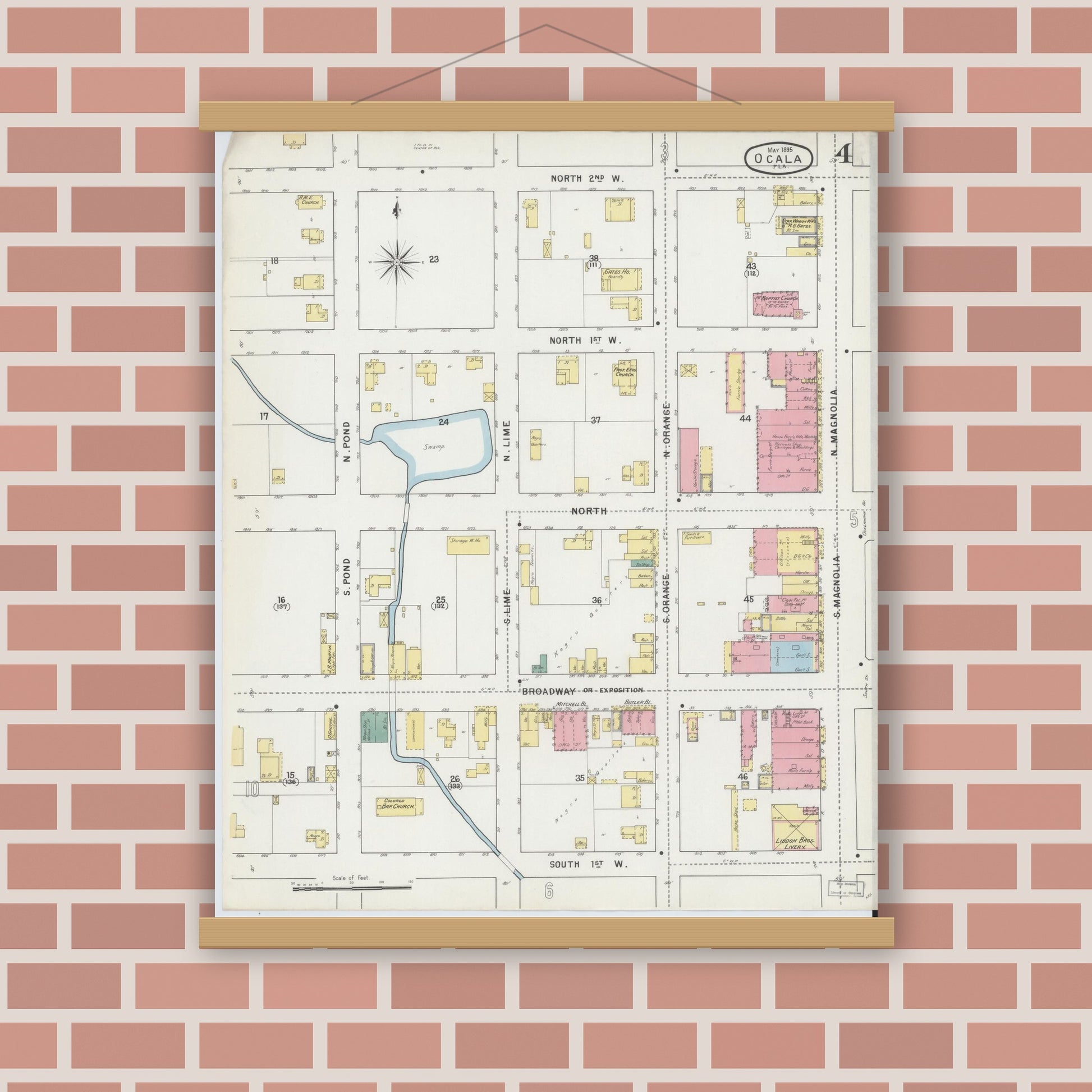 Old map wall art mockup — magnetic wood frame on brick wall — Sanborn Fire Insurance Map from Ocala, Marion County, Florida (1895), Sheet #0004