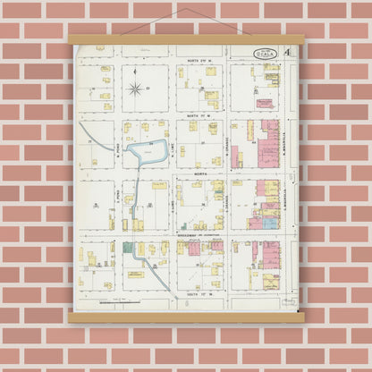 Old map wall art mockup — magnetic wood frame on brick wall — Sanborn Fire Insurance Map from Ocala, Marion County, Florida (1895), Sheet #0004
