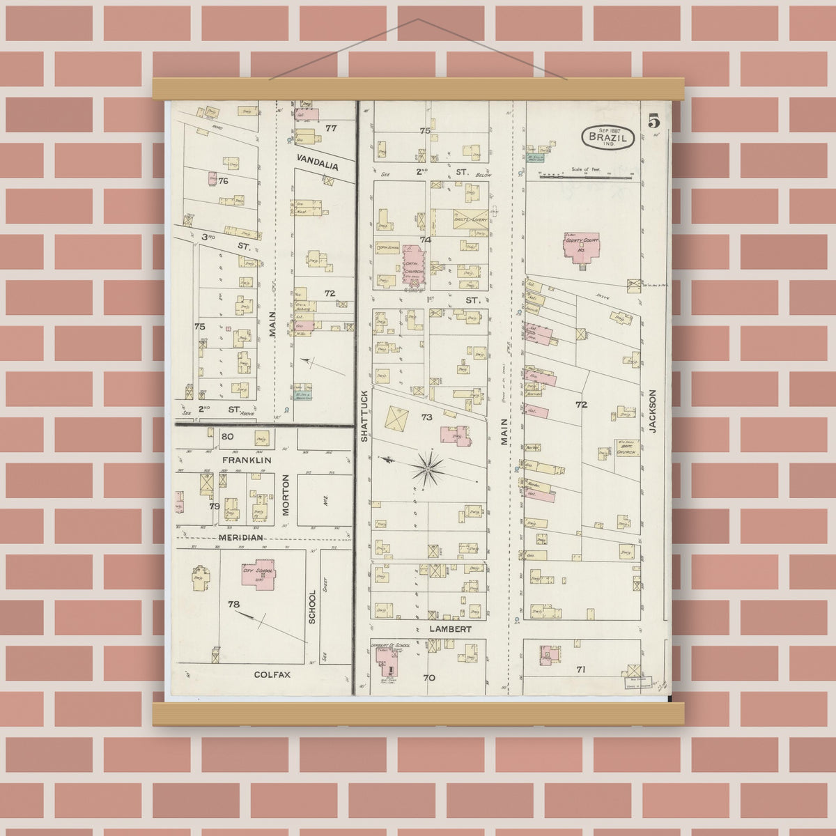 Old map wall art mockup — magnetic wood frame on brick wall — Sanborn Fire Insurance Map from Brazil, Clay County, Indiana (1887), Sheet #0005