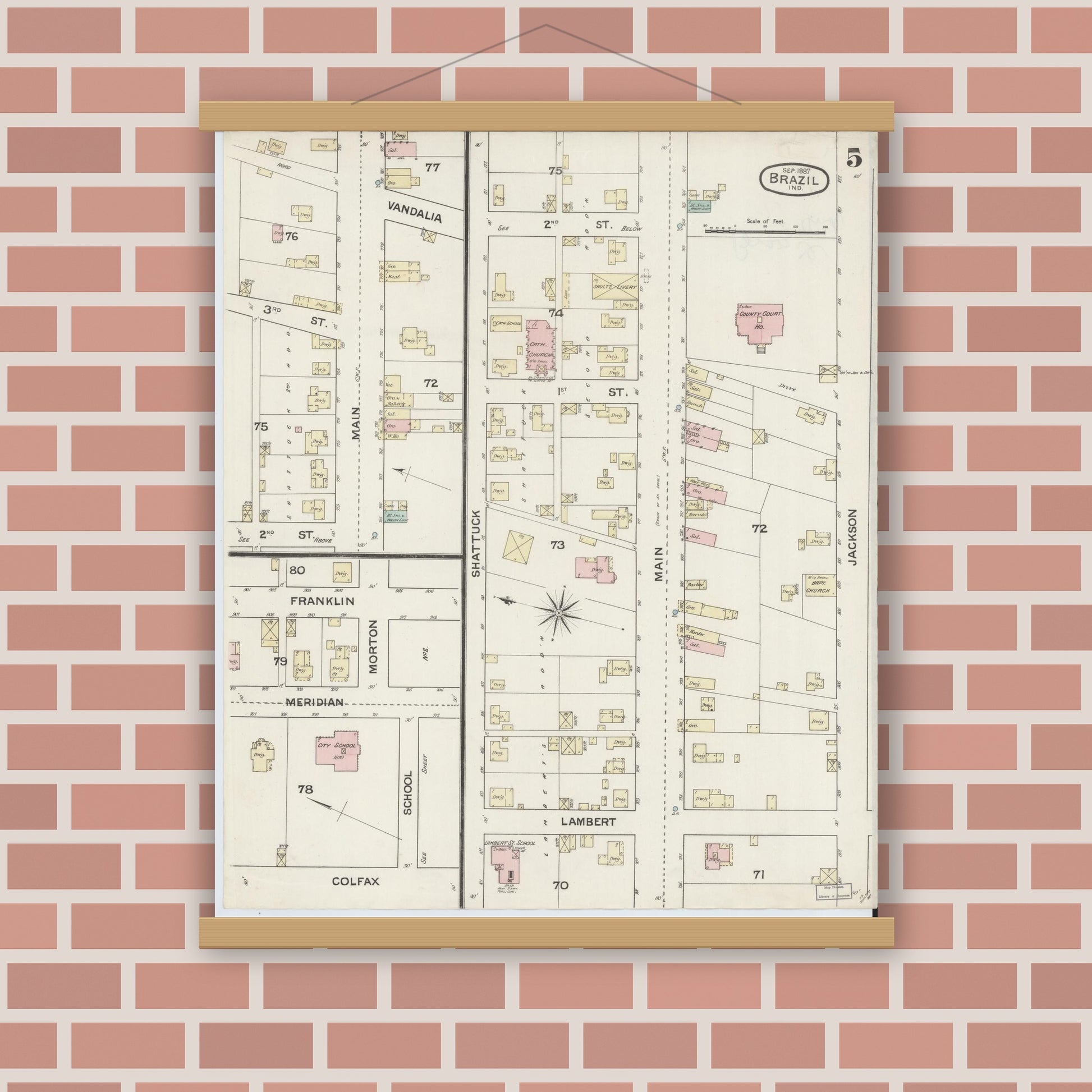 Old map wall art mockup — magnetic wood frame on brick wall — Sanborn Fire Insurance Map from Brazil, Clay County, Indiana (1887), Sheet #0005