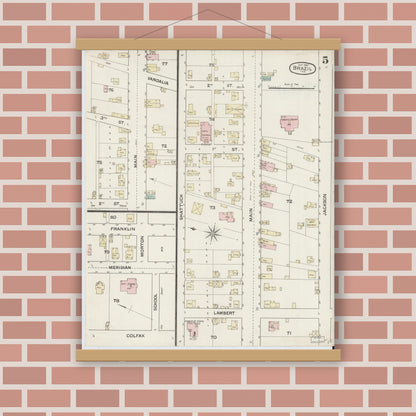 Old map wall art mockup — magnetic wood frame on brick wall — Sanborn Fire Insurance Map from Brazil, Clay County, Indiana (1887), Sheet #0005