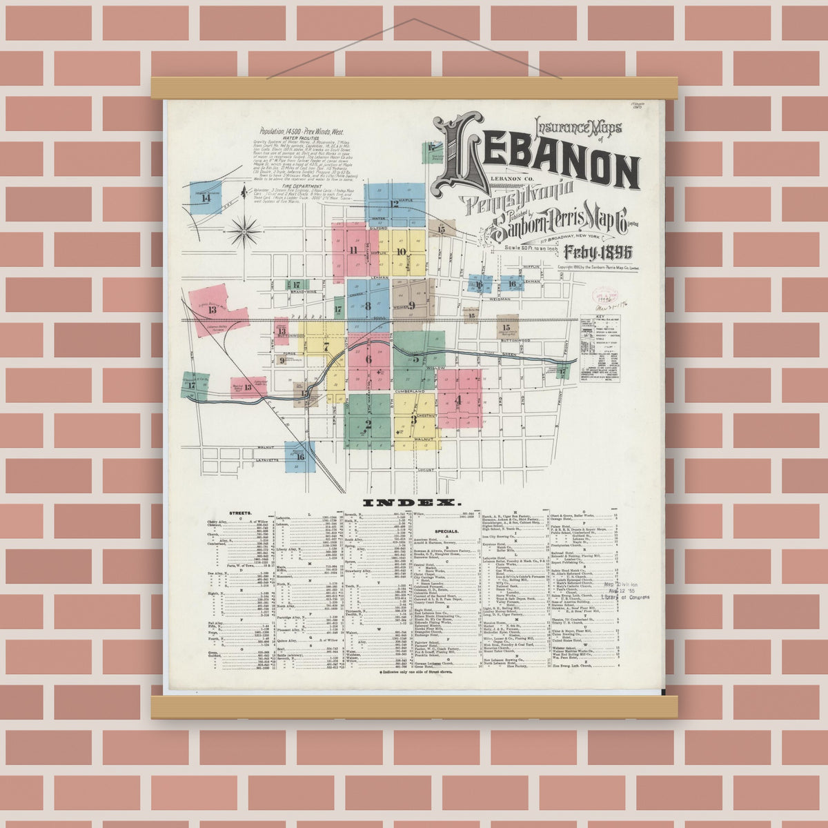 Old map wall art mockup — magnetic wood frame on brick wall — Sanborn Fire Insurance Map from Lebanon, Lebanon County, Pennsylvania (1896), Sheet #0001
