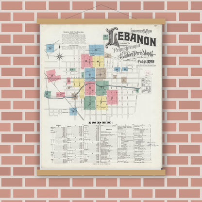 Old map wall art mockup — magnetic wood frame on brick wall — Sanborn Fire Insurance Map from Lebanon, Lebanon County, Pennsylvania (1896), Sheet #0001