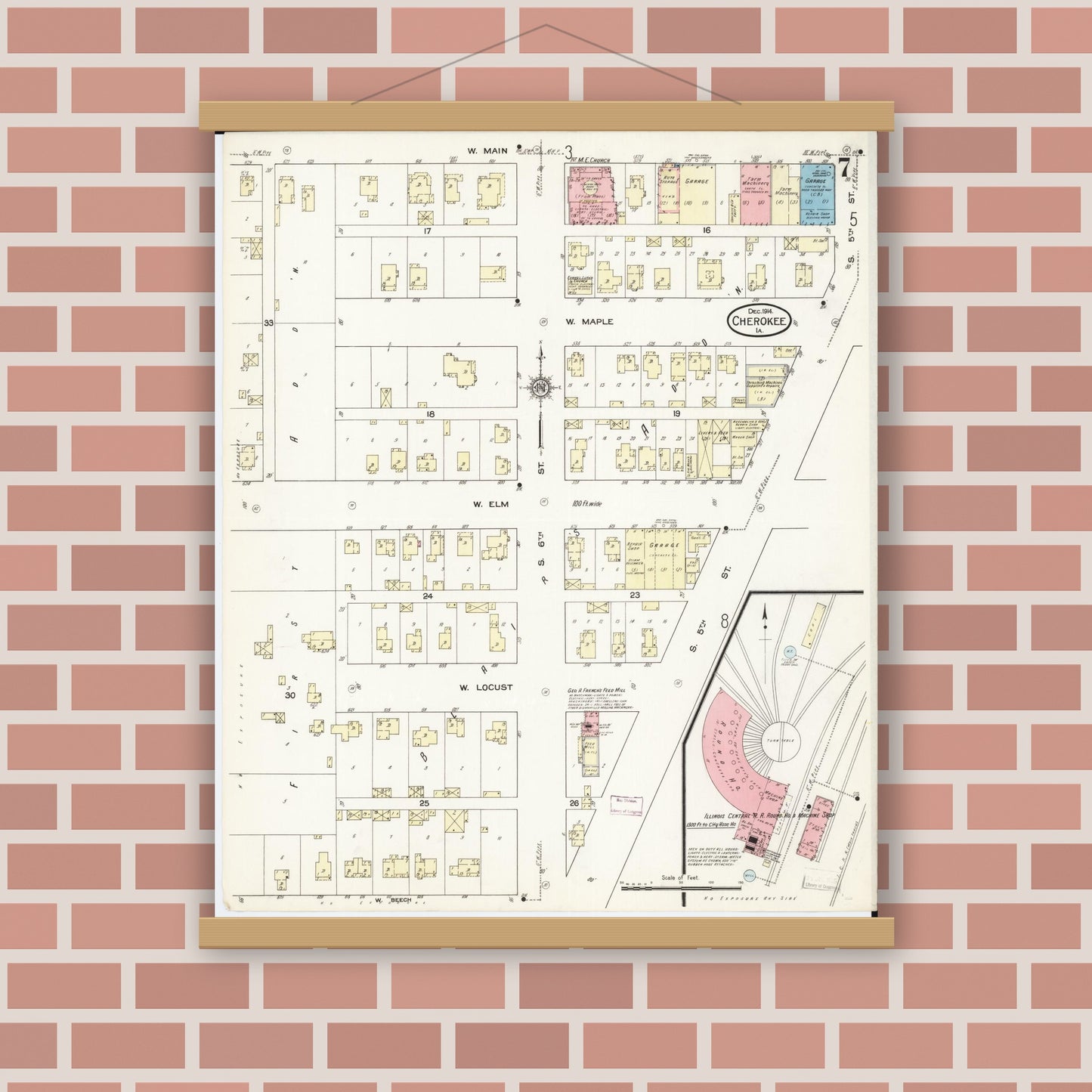 Old map wall art mockup — magnetic wood frame on brick wall — Sanborn Fire Insurance Map from Cherokee, Cherokee County, Iowa (1914), Sheet #0007