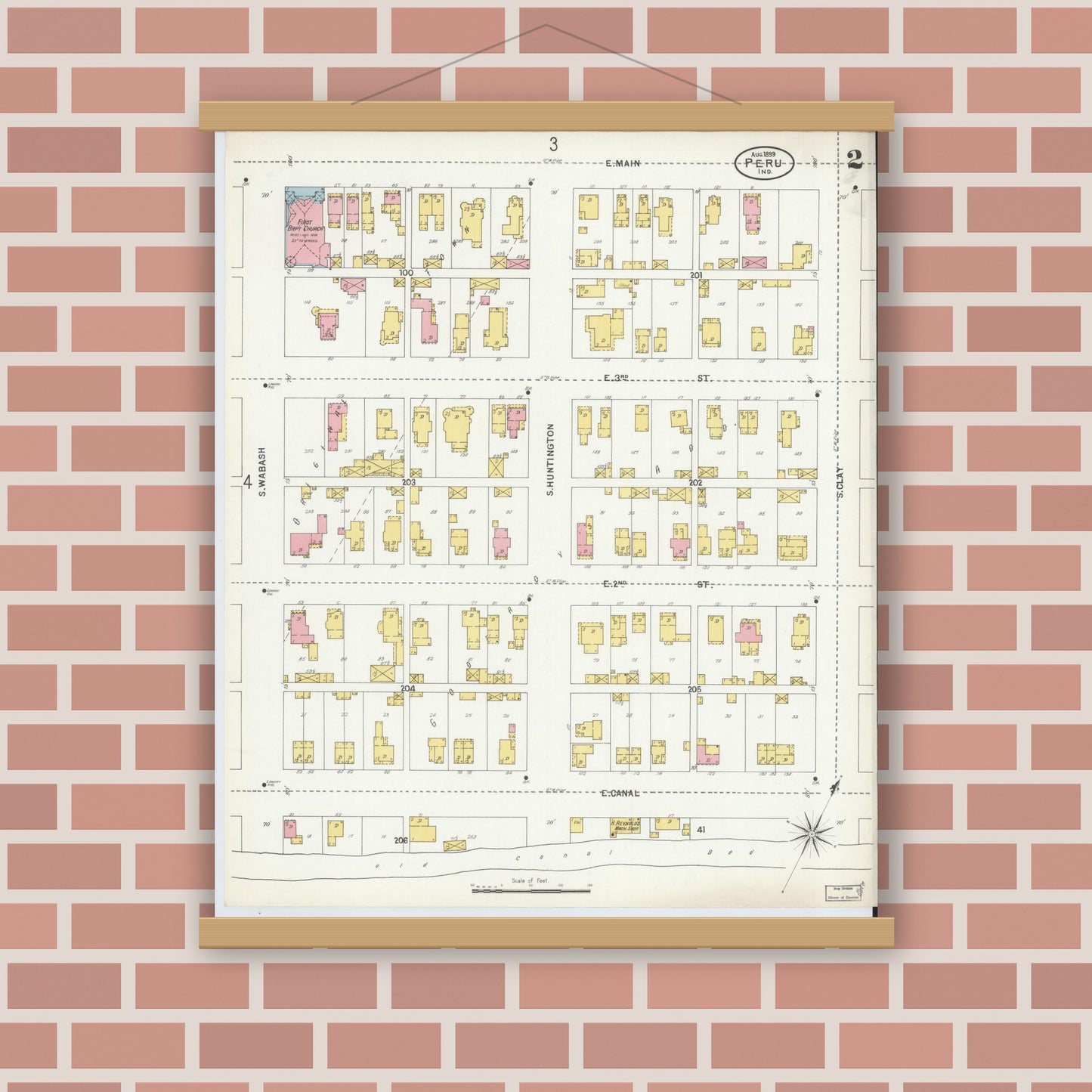 Old map wall art mockup — magnetic wood frame on brick wall — Sanborn Fire Insurance Map from Peru, Miami County, Indiana (1899), Sheet #0002