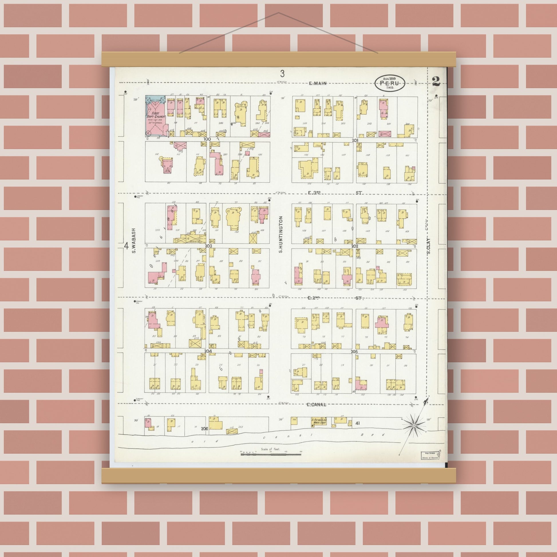Old map wall art mockup — magnetic wood frame on brick wall — Sanborn Fire Insurance Map from Peru, Miami County, Indiana (1899), Sheet #0002