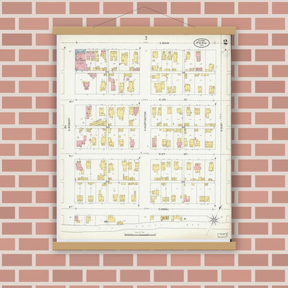 Old map wall art mockup — magnetic wood frame on brick wall — Sanborn Fire Insurance Map from Peru, Miami County, Indiana (1899), Sheet #0002