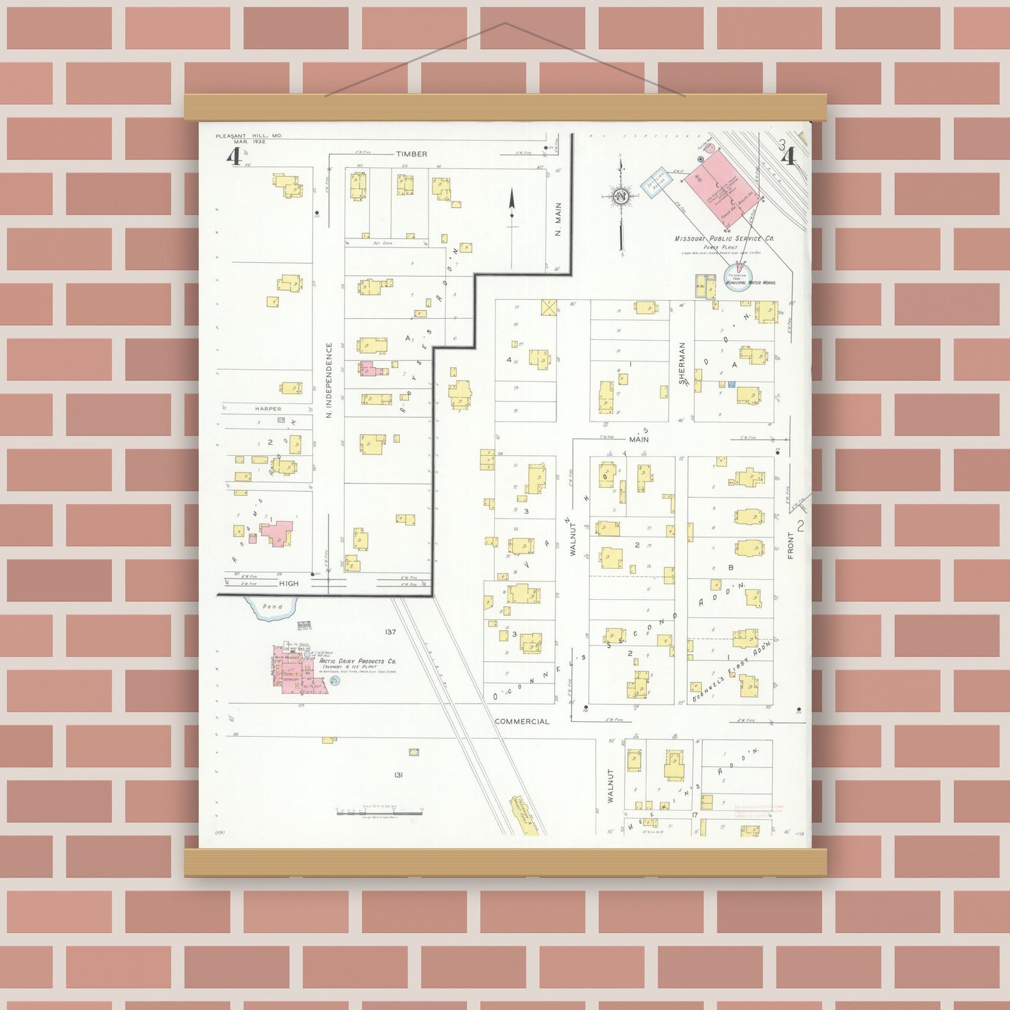Old map wall art mockup — magnetic wood frame on brick wall — Sanborn Fire Insurance Map from Pleasant Hill, Cass County, Missouri (1932), Sheet #0004