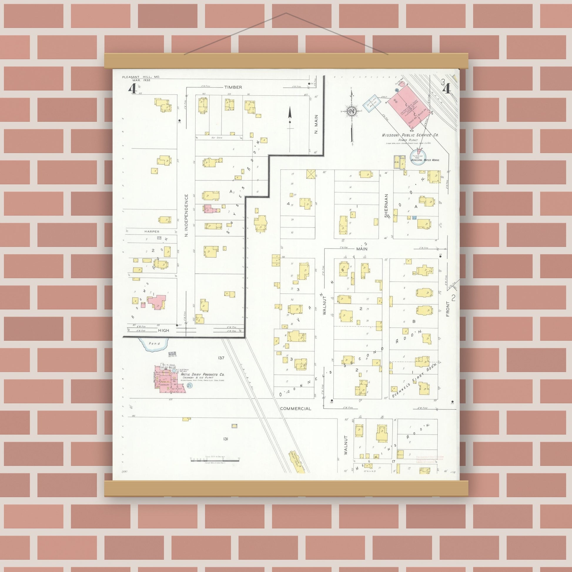 Old map wall art mockup — magnetic wood frame on brick wall — Sanborn Fire Insurance Map from Pleasant Hill, Cass County, Missouri (1932), Sheet #0004