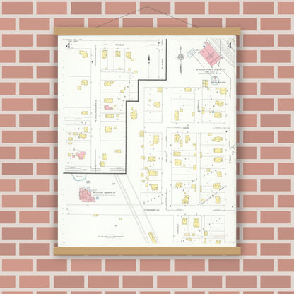 Old map wall art mockup — magnetic wood frame on brick wall — Sanborn Fire Insurance Map from Pleasant Hill, Cass County, Missouri (1932), Sheet #0004
