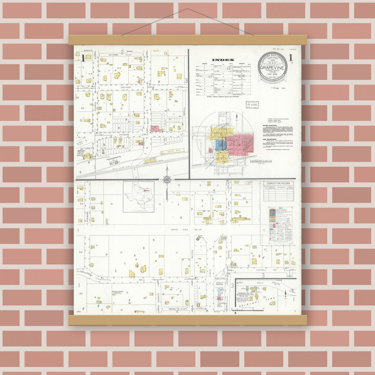 Old map wall art mockup — magnetic wood frame on brick wall — Sanborn Fire Insurance Map from Grapevine, Tarrant County, Texas (1935), Sheet #0001