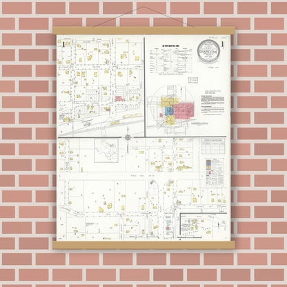 Old map wall art mockup — magnetic wood frame on brick wall — Sanborn Fire Insurance Map from Grapevine, Tarrant County, Texas (1935), Sheet #0001