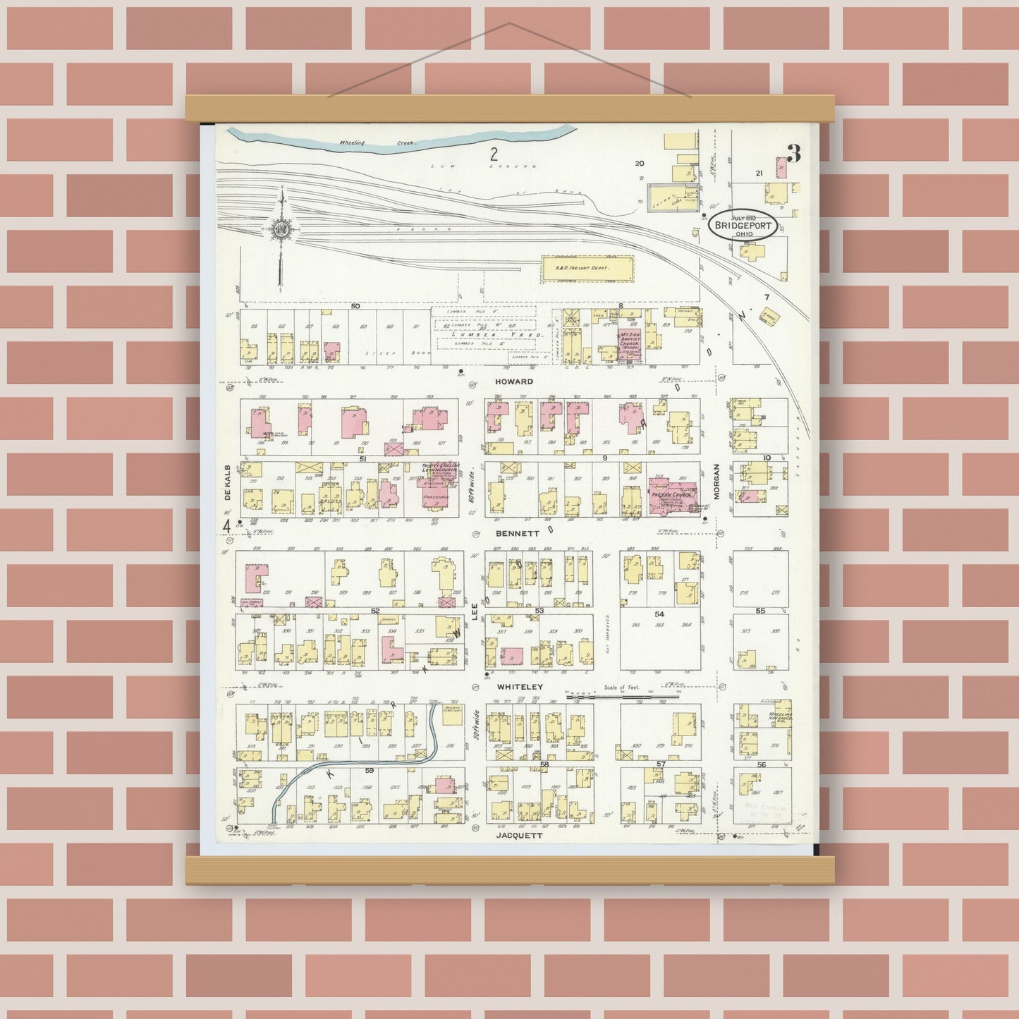 Old map wall art mockup — magnetic wood frame on brick wall — Sanborn Fire Insurance Map from Bridgeport, Belmont County, Ohio (1910), Sheet #0003