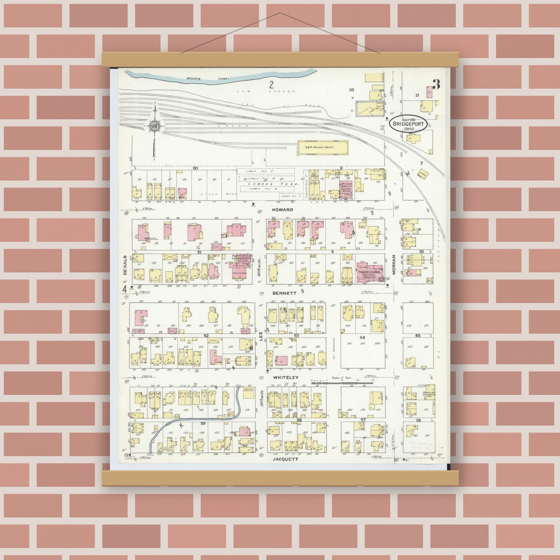 Old map wall art mockup — magnetic wood frame on brick wall — Sanborn Fire Insurance Map from Bridgeport, Belmont County, Ohio (1910), Sheet #0003