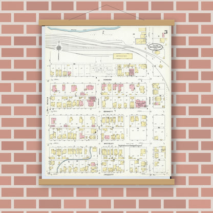 Old map wall art mockup — magnetic wood frame on brick wall — Sanborn Fire Insurance Map from Bridgeport, Belmont County, Ohio (1910), Sheet #0003