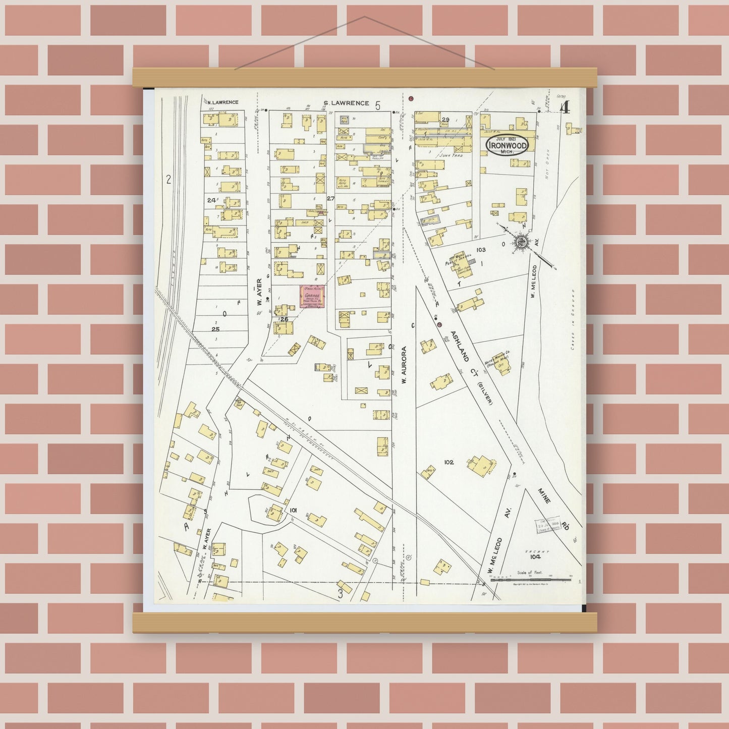 Old map wall art mockup — magnetic wood frame on brick wall — Sanborn Fire Insurance Map from Ironwood, Gogebic County, Michigan (1921), Sheet #0004