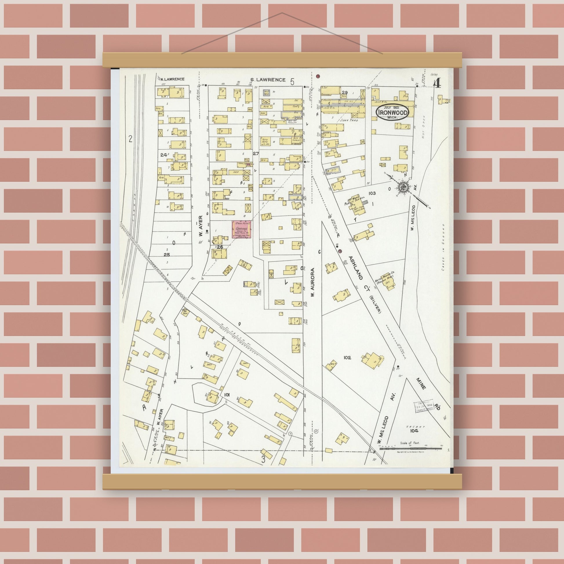 Old map wall art mockup — magnetic wood frame on brick wall — Sanborn Fire Insurance Map from Ironwood, Gogebic County, Michigan (1921), Sheet #0004