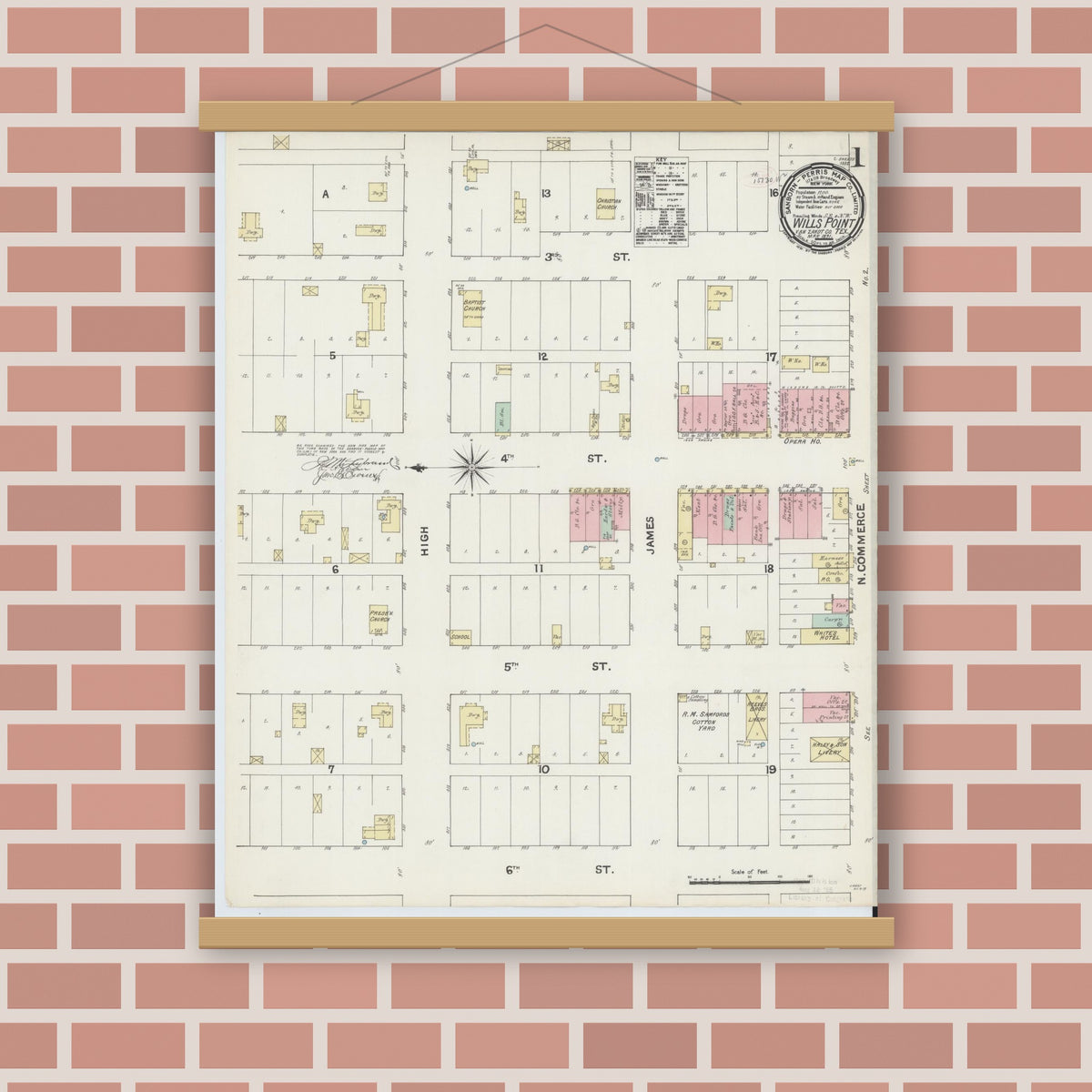 Old map wall art mockup — magnetic wood frame on brick wall — Sanborn Fire Insurance Map from Wills Point, Van Zandt County, Texas (1891), Sheet #0001